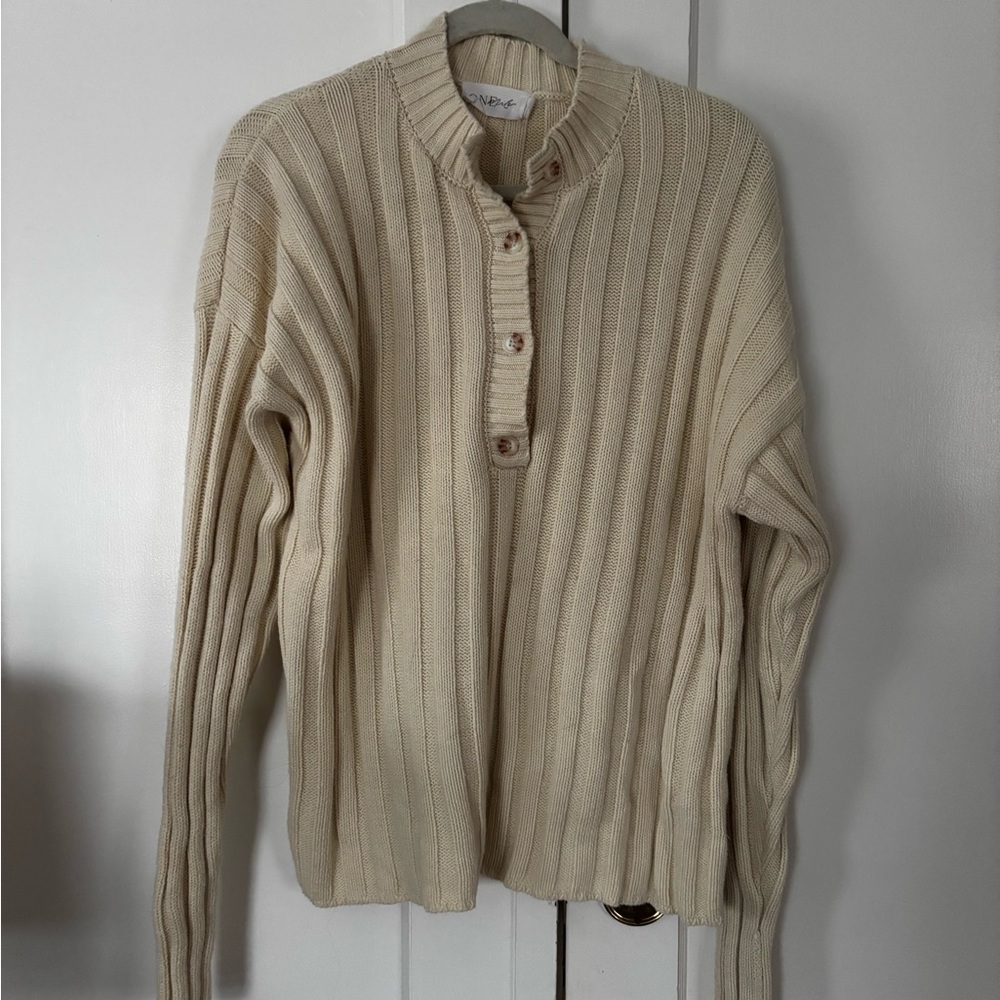 Neutral Cream Ribbed Henley Sweater